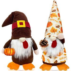 2 Pack Fall Thanksgiving Gnomes Plush Decorations, Turkey Gnomes Hold Pumpkin